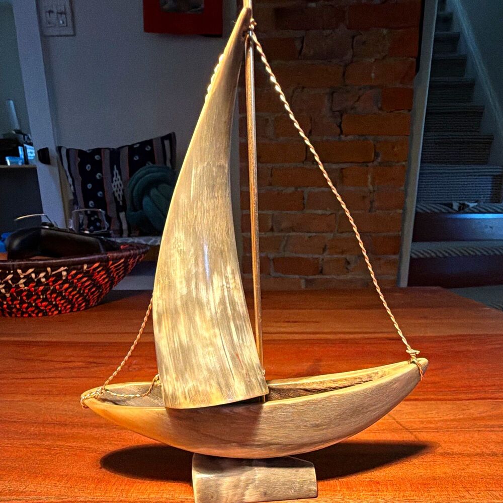 Handcrafted Cow Horn Sailboat Model Boat, Gray, Pre-Built, 9 in L x 8 in H